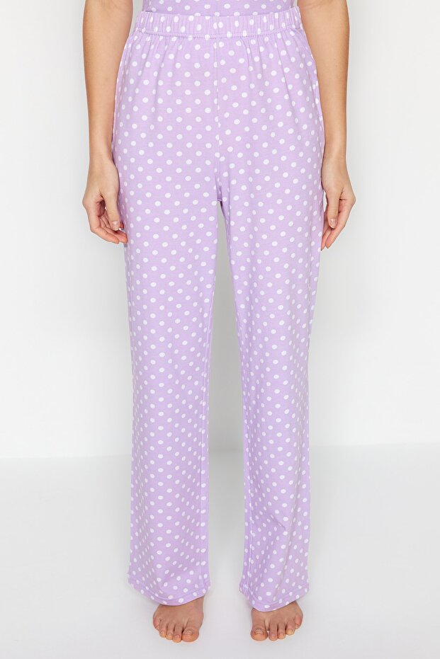 Lila Pamuklu Puantiyeli İp Askılı Örme Pijama Takımı THMSS23PT00226 - 6