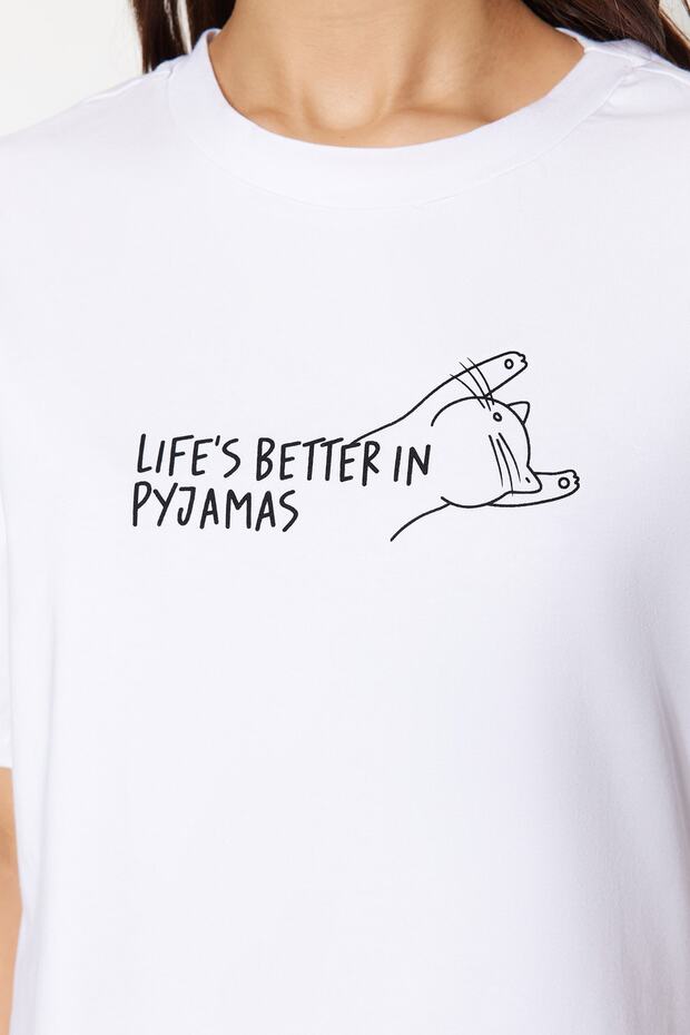 Beyaz Pamuklu Çizgili Slogan Baskılı Şortlu Örme Pijama Takımı THMSS23PT00228 - 4