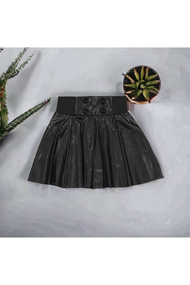 Düğmeli Deri Etek - 1