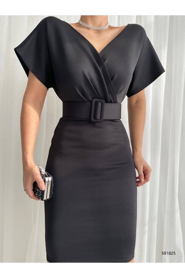 Efsane Kadın Siyah , Dalgıç Kumaş Kemerli Elbise - 3