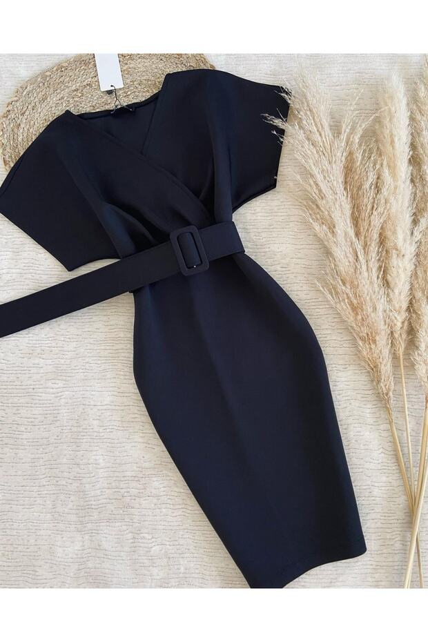 Efsane Kadın Siyah , Dalgıç Kumaş Kemerli Elbise - 6