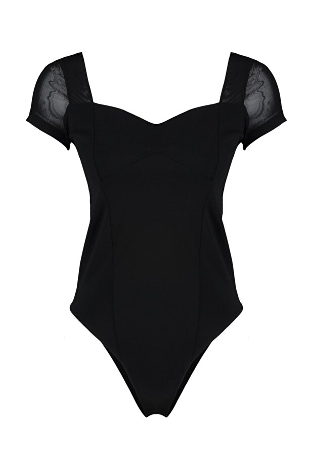 Siyah Fitted/Vücuda Oturan Tül Detaylı Krep Esnek Örme Body TWOSS23BD00072 - 7