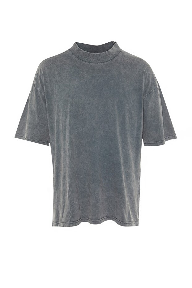Antrasit Oversize/Geniş Kesim Eskitme/Soluk Efekt %100 Pamuk T-Shirt TMNSS22TS0417 - 6