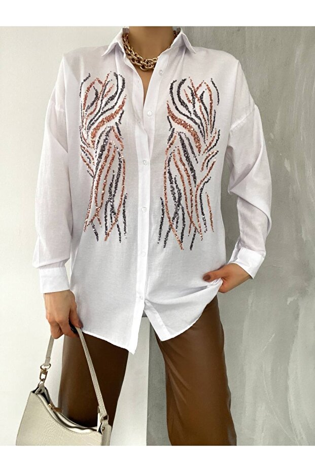 Patterned Sequin Embroidered White Color Shirt