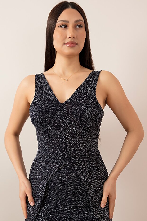 Sırt Dekolteli Simli Kısa Abiye Elbise 13251 - 3