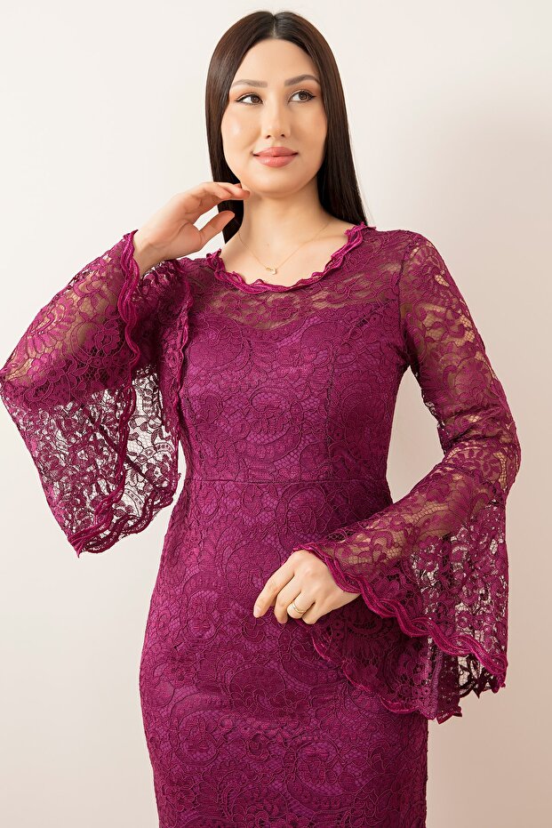 Kol Volanlı Kısa Dantel Abiye Elbise 13034 - 3