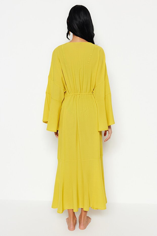 Yağ Yeşili Dokuma Büzgülü Maxi Plaj Kimono&Kaftan TBESS23KM00105 - 6