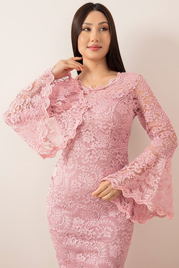 Kol Volanlı Kısa Dantel Abiye Elbise 13034 - 3
