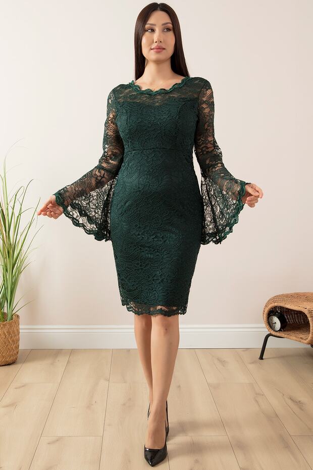 Kol Volanlı Kısa Dantel Abiye Elbise 13034 - 4