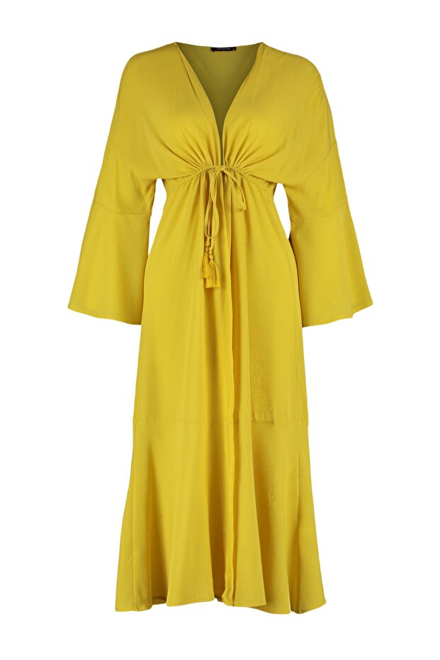 Yağ Yeşili Dokuma Büzgülü Maxi Plaj Kimono&Kaftan TBESS23KM00105 - 7