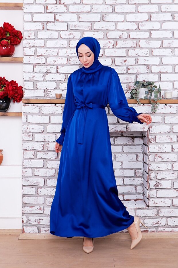 Long Satin Dress with Elastic Ankle Belt