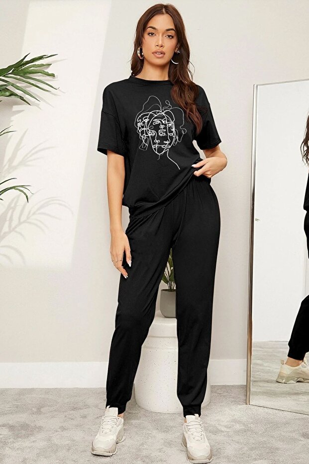 Unisex Woman One Line Printed Top Bottom Tracksuit Set