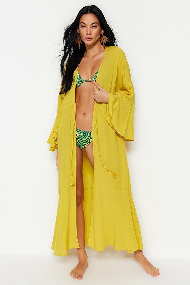 Yağ Yeşili Dokuma Büzgülü Maxi Plaj Kimono&Kaftan TBESS23KM00105 - 2