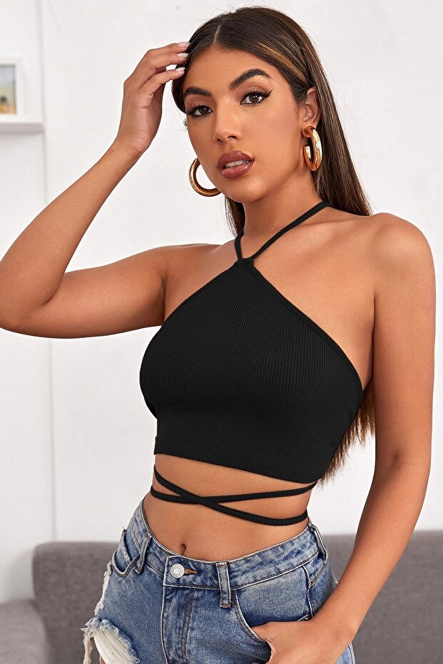 Kadın Siyah Sırtı Açık Boyundan Çapraz Bağlamalı Crop Top Bluz - 5