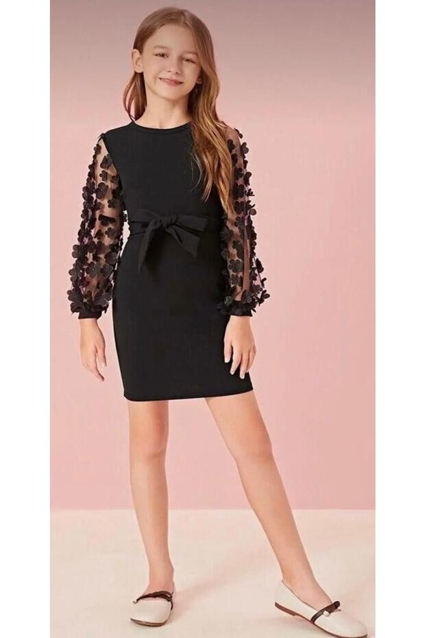 Poplin Fabric Dress with Bow Detail on the Front and Tulle Sleeves with Flower Detail