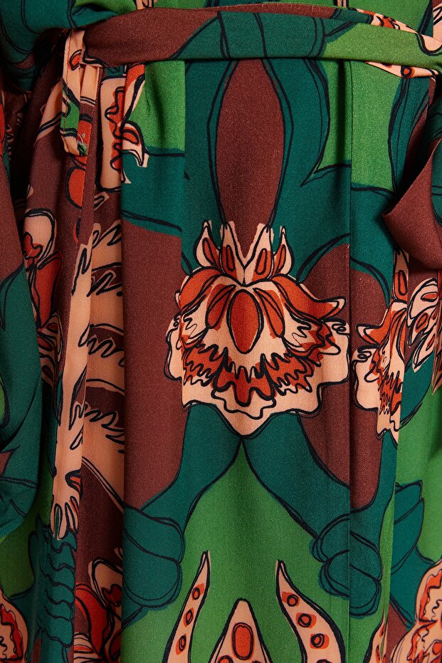 Tropikal Desenli Dokuma %100 Pamuk Maxi Plaj Kuşaklı Kimono&Kaftan TBESS23KM00057 - 5