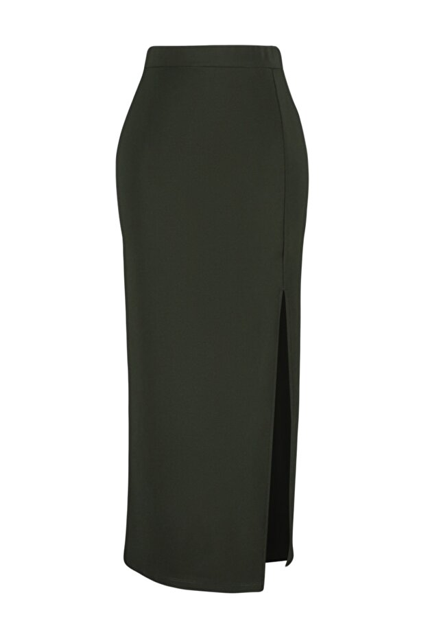 Spódnica z dzianiny w kolorze khaki, elegancka, z rozcięciami, szczegółowa, z wysokim stanem TWOSS23ET00351 - 7