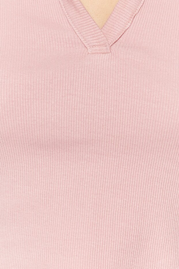 Gül Kurusu Fitted/Vücuda Oturan Crop Polo Yaka Fitilli Esnek Örme Bluz TWOSS21BZ0038 - 12