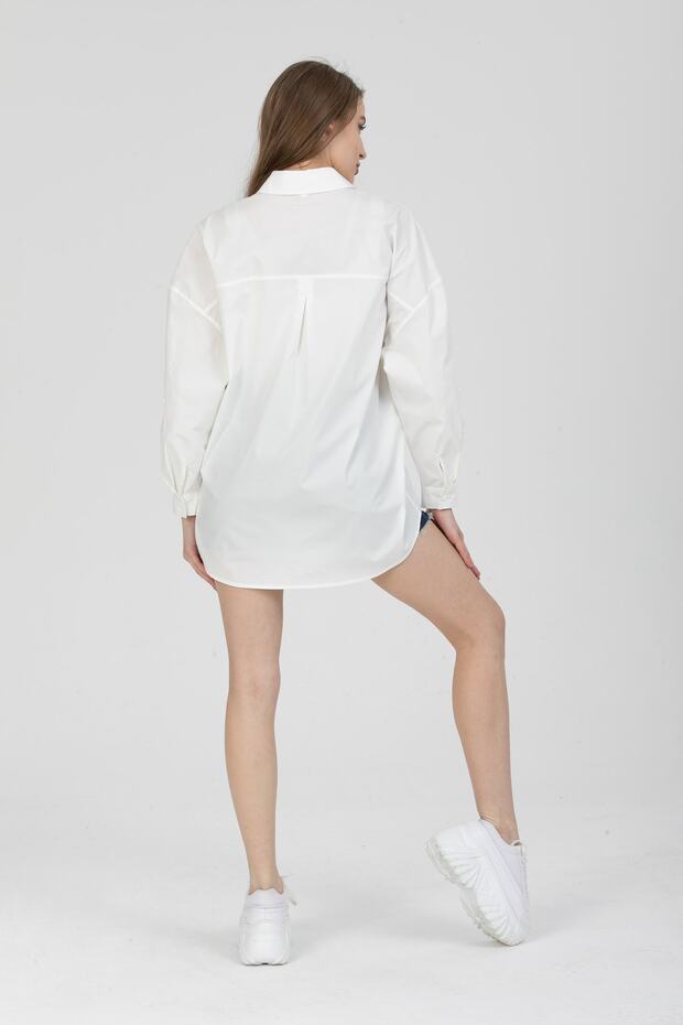 Beyaz Oversize Uzun Basic Gömlek - 3