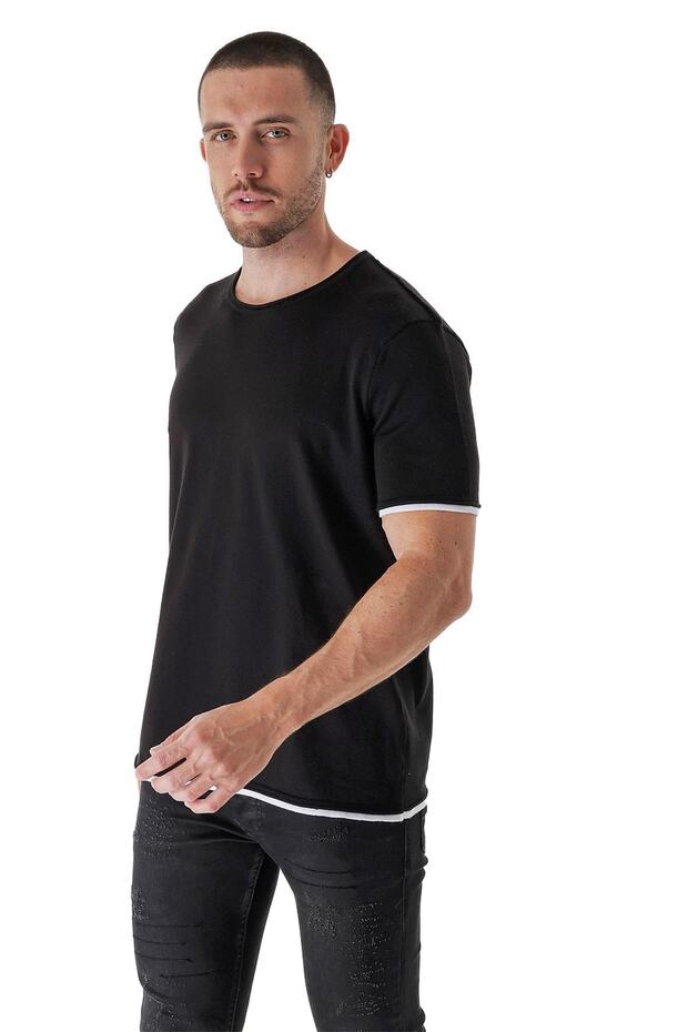 Men's Crew Neck Combination Detailed Cotton Thin Knitwear T-shirt Black 23s2005