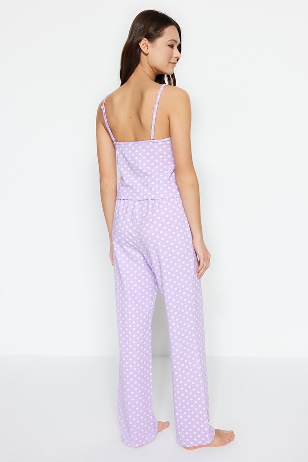Lila Pamuklu Puantiyeli İp Askılı Örme Pijama Takımı THMSS23PT00226 - 8