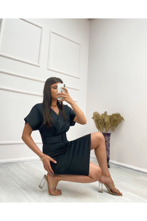 Efsane Kadın Siyah , Dalgıç Kumaş Kemerli Elbise - 7