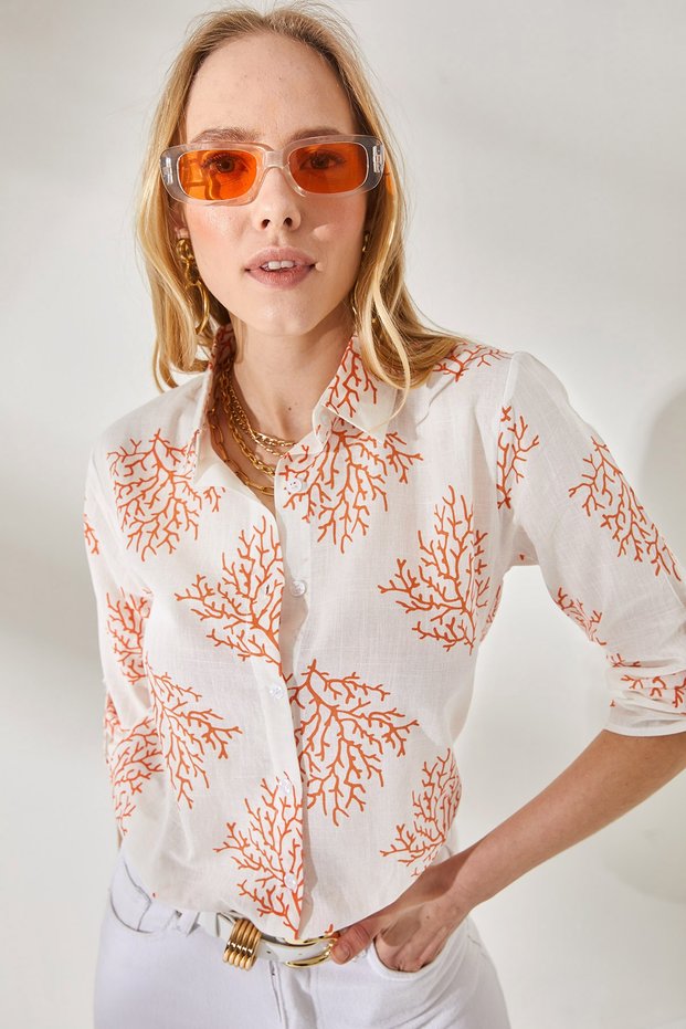 Women's Shrub Orange Sleeve Folded Linen Shirt GML-19000825