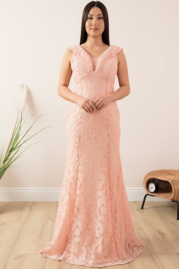 Sırt Dekolteli Dantel Uzun Abiye Elbise 13228 - 1