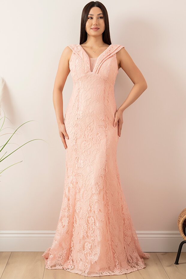 Sırt Dekolteli Dantel Uzun Abiye Elbise 13228 - 3