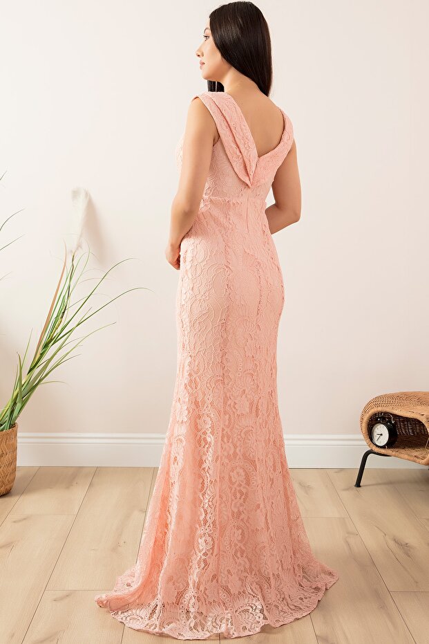 Sırt Dekolteli Dantel Uzun Abiye Elbise 13228 - 7