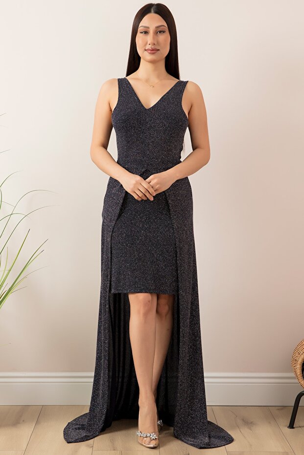 Sırt Dekolteli Simli Kısa Abiye Elbise 13251 - 1