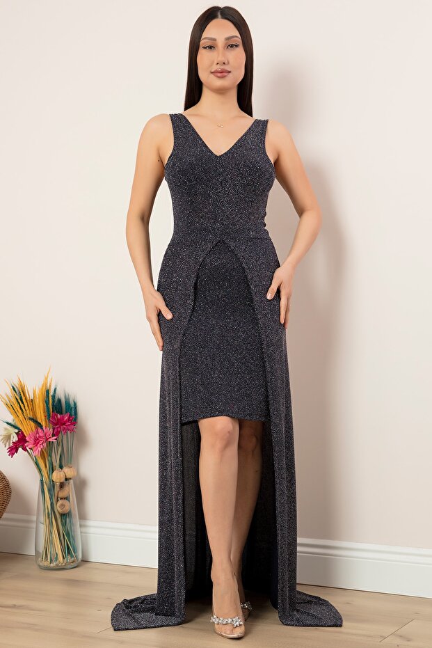 Sırt Dekolteli Simli Kısa Abiye Elbise 13251 - 5