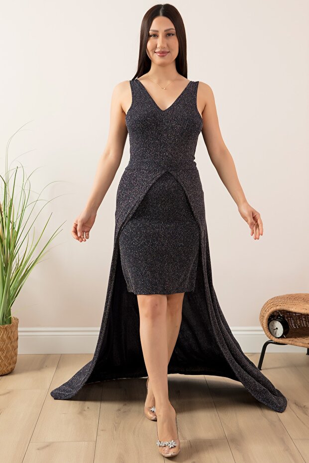 Sırt Dekolteli Simli Kısa Abiye Elbise 13251 - 6