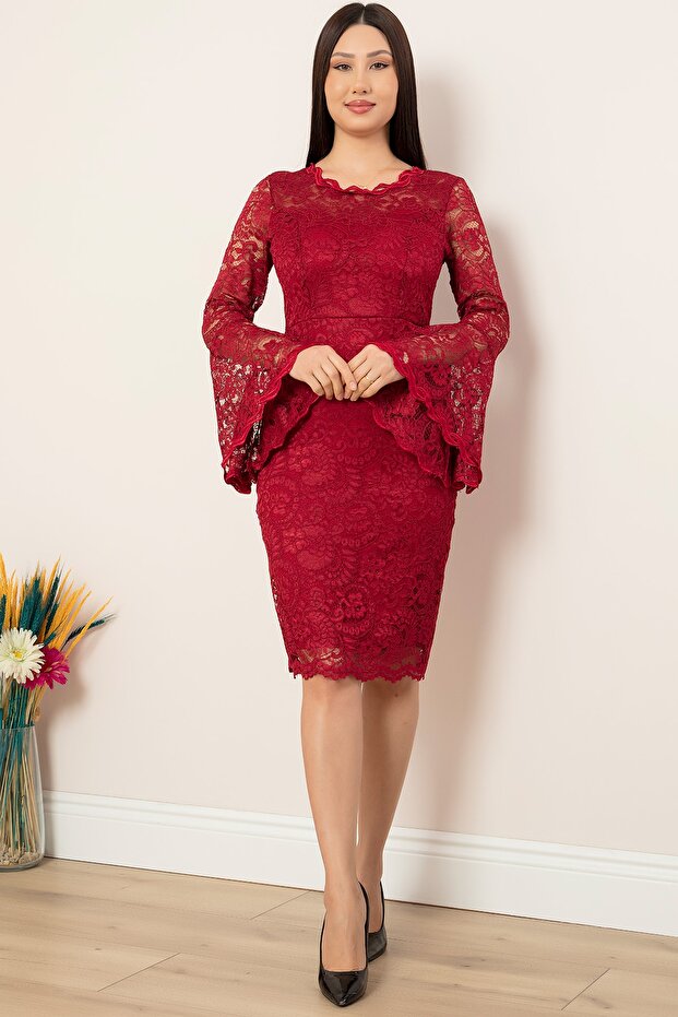 Kol Volanlı Kısa Dantel Abiye Elbise 13034 - 1