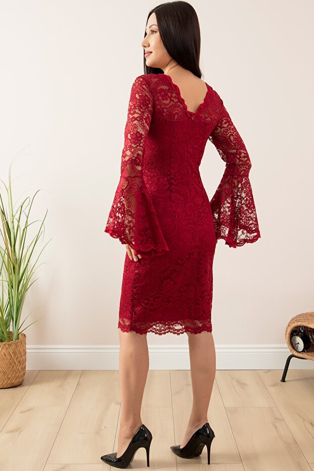 Kol Volanlı Kısa Dantel Abiye Elbise 13034 - 7