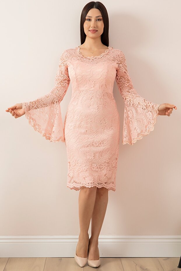 Kol Volanlı Kısa Dantel Abiye Elbise 13034 - 4