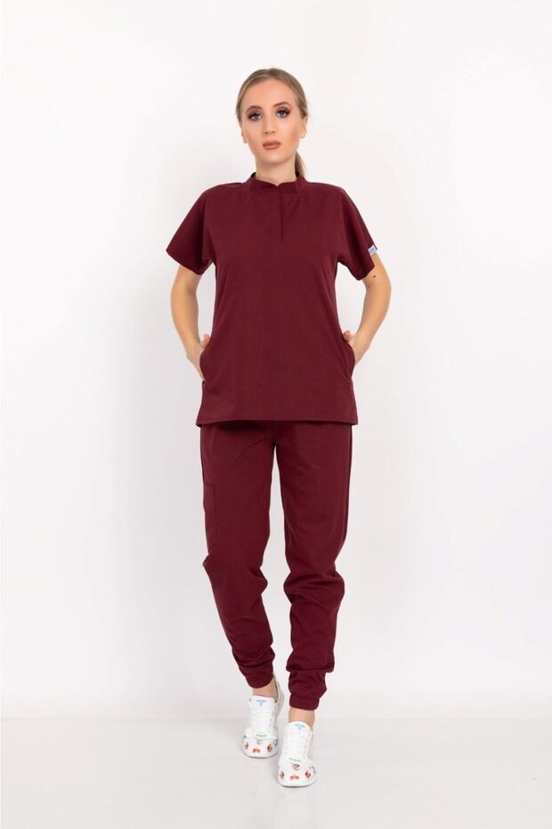 Women's Dark Burgundy Color Lycra Judge Collar Snap Fastener Nurse Doctor Hospital Uniform Suit