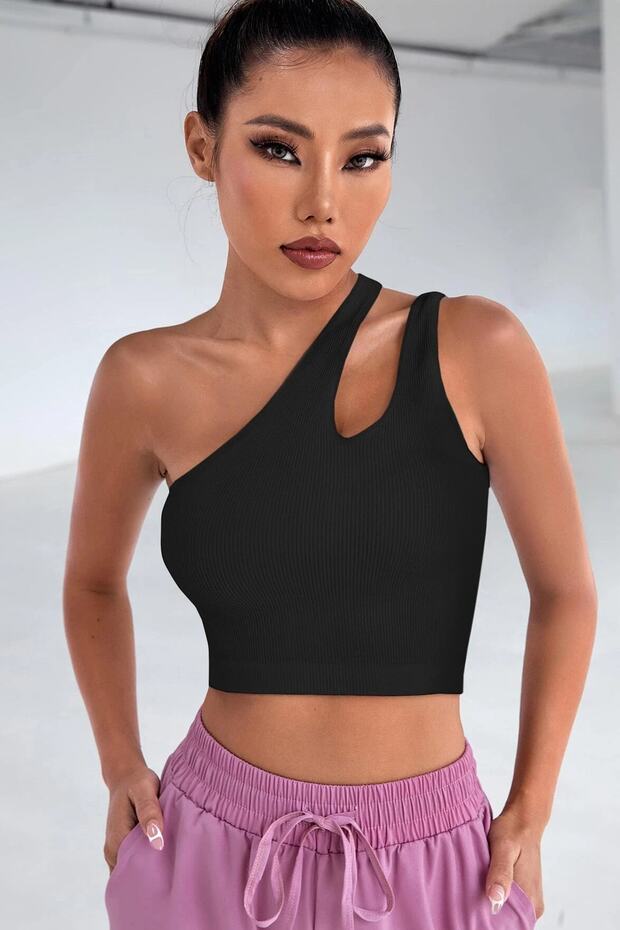 Kadın Siyah Tek Omuz Cut Out Detaylı Crop Top Bluz - 3