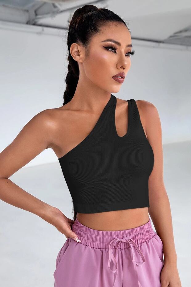 Kadın Siyah Tek Omuz Cut Out Detaylı Crop Top Bluz - 4