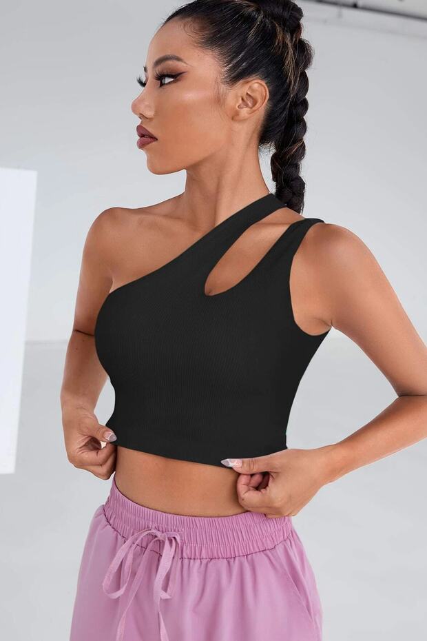 Kadın Siyah Tek Omuz Cut Out Detaylı Crop Top Bluz - 5