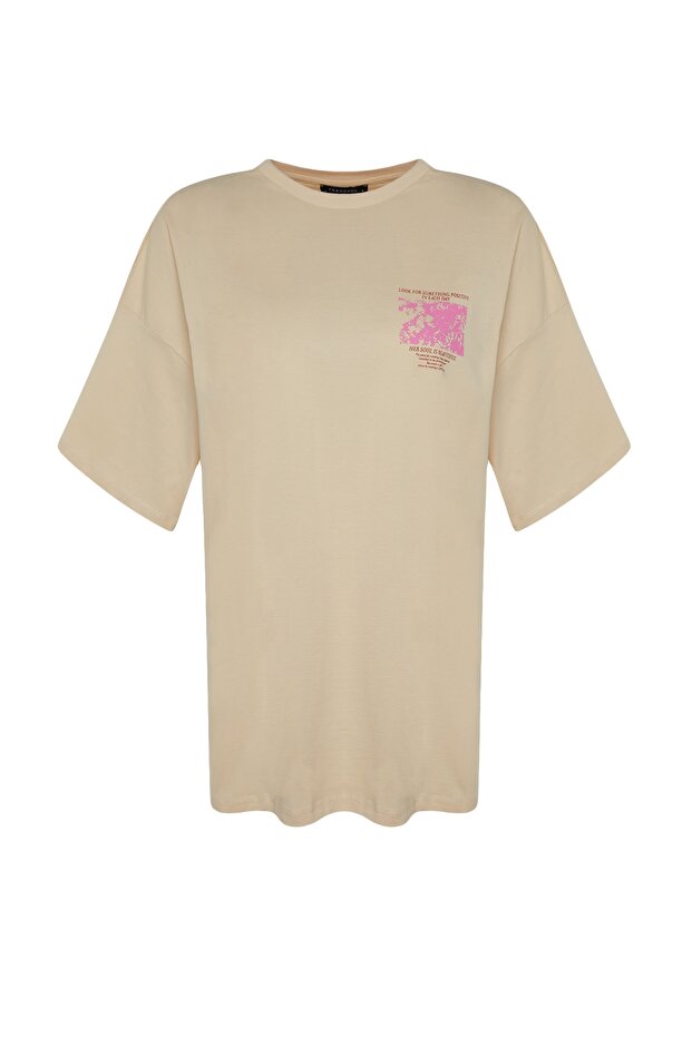 Taş %100 Kalın Pamuklu Ön ve Arka Baskılı Oversize/Geniş Kalıp Örme T-Shirt TWOSS23TS00269 - 13