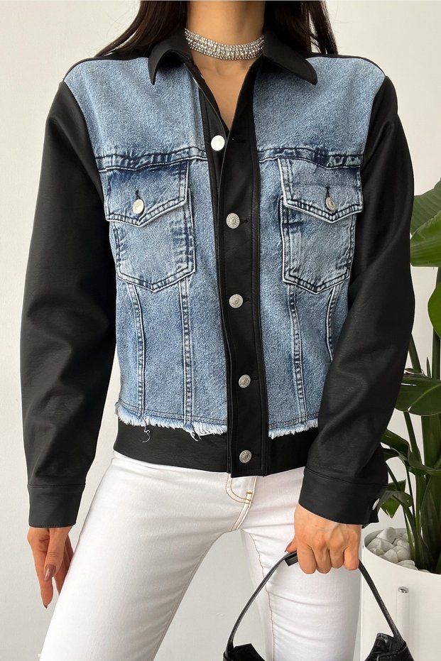 Women's New Season Leather Jacket with Denim Detail