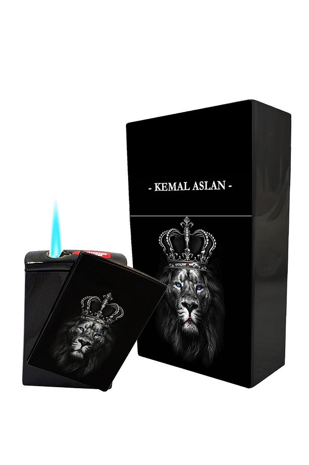 Kişiye Özel Isim Baskılı Aslan Baskılı Sigara Kutusu Ve Kaydırmalı Çakmak Hediye Seti - 1