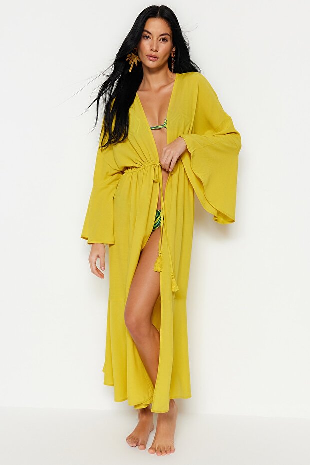 Yağ Yeşili Dokuma Büzgülü Maxi Plaj Kimono&Kaftan TBESS23KM00105 - 3