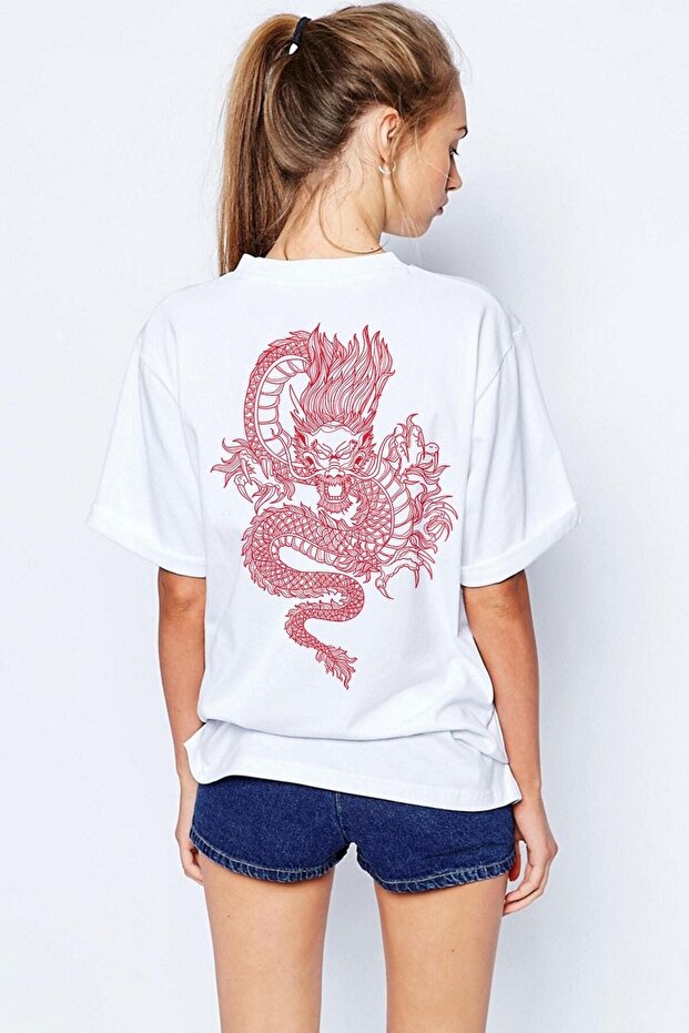 Oversize Dragon Baskılı Beyaz Tshirt - 1