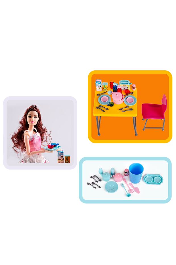 My Little Chefs Table Set Masa Sandalye Seti 56 Parçalı Sonsuz Hareket Bebekli Barbie Kız Oyun Seti - 3
