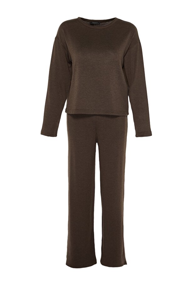 Kahverengi Fitilli Örme Pijama Takımı THMAW21PT0684 - 7