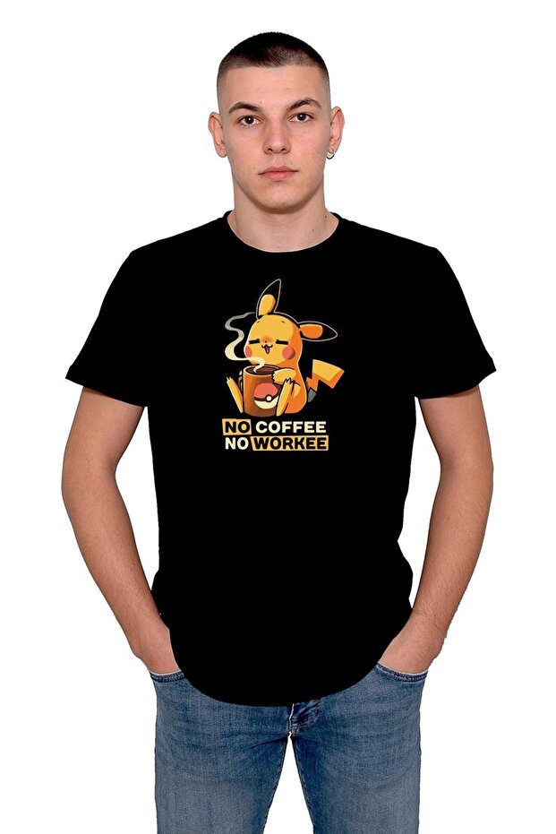 Pokemon Pikachu - Unisex T-Shirt, No Coffee No Workee Pattern