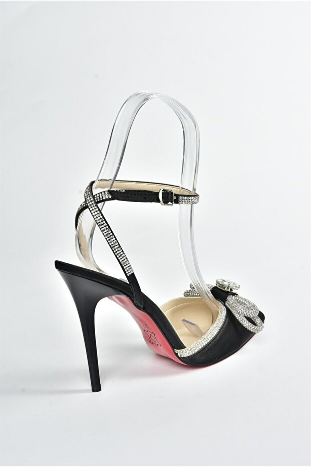 Czarne, satynowe, damskie buty na obcasie z kamienia K654051204 - 6