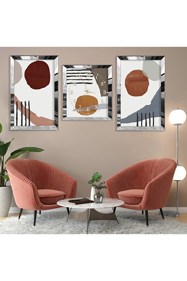 Shapes Abstract Pattern Silver Plexi Edge Triple Mdf Table Set and Clock Set